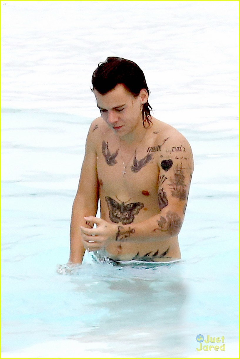 harry styles shirtless rio tossed in pool 10