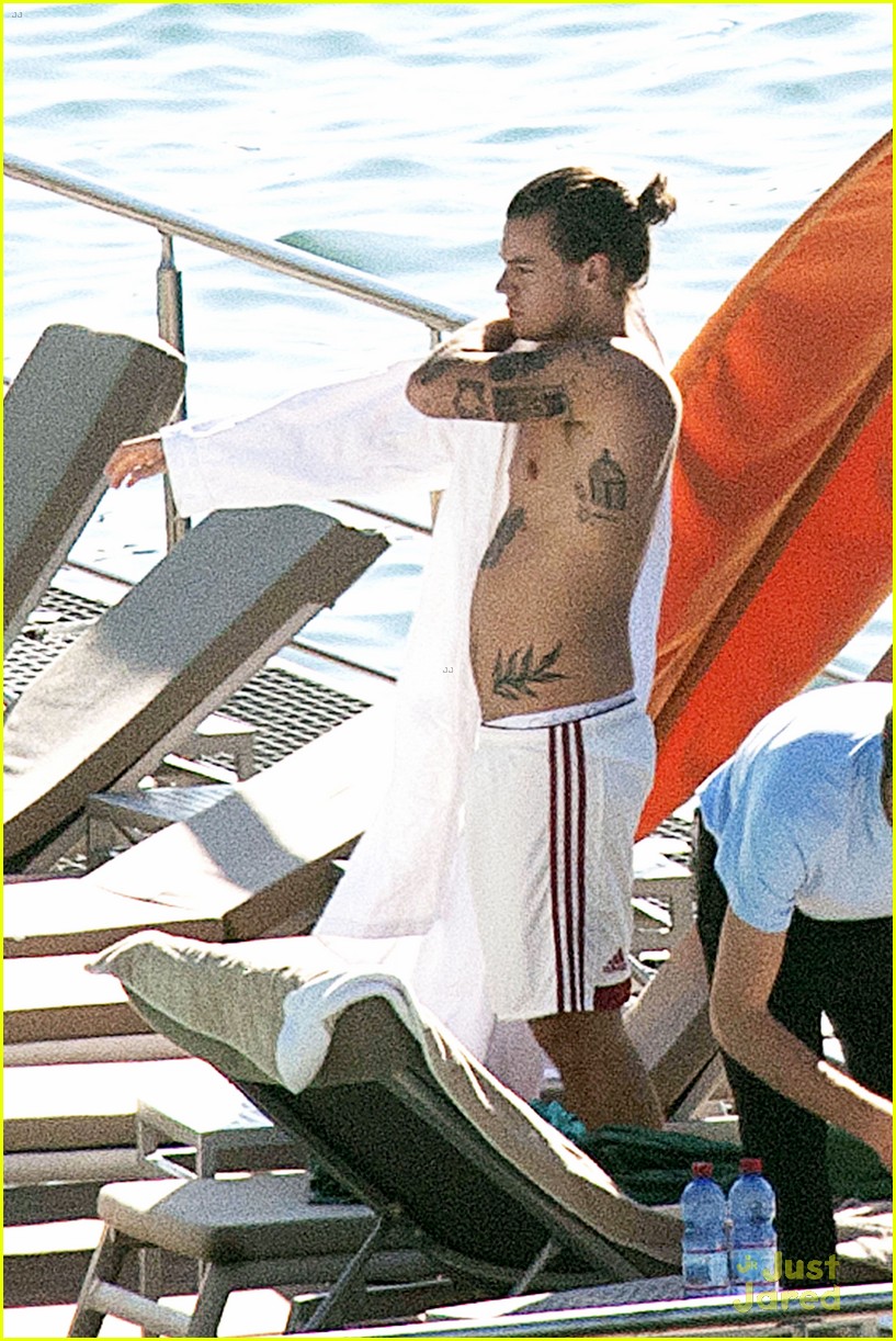 harry styles shirtless ponytail pool italy 27