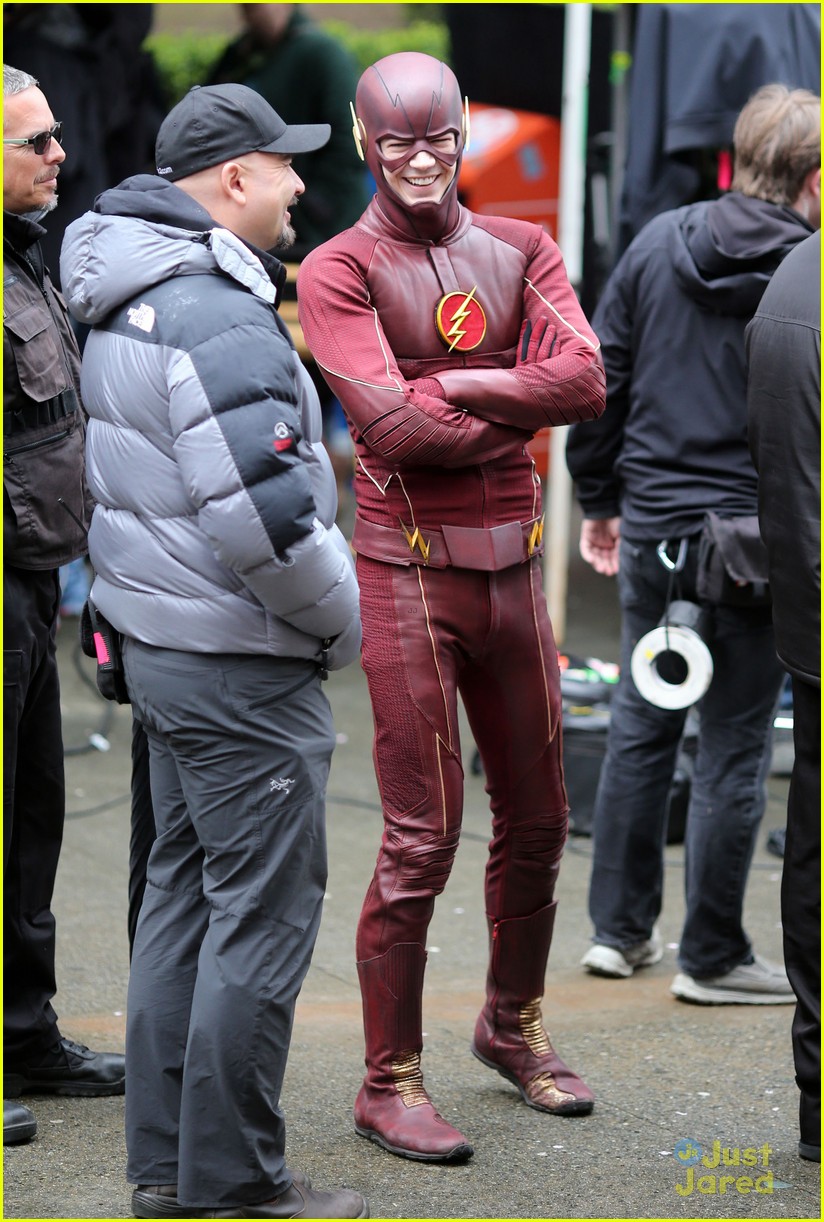 grant gustin gives out bunny ears on the flash set 11