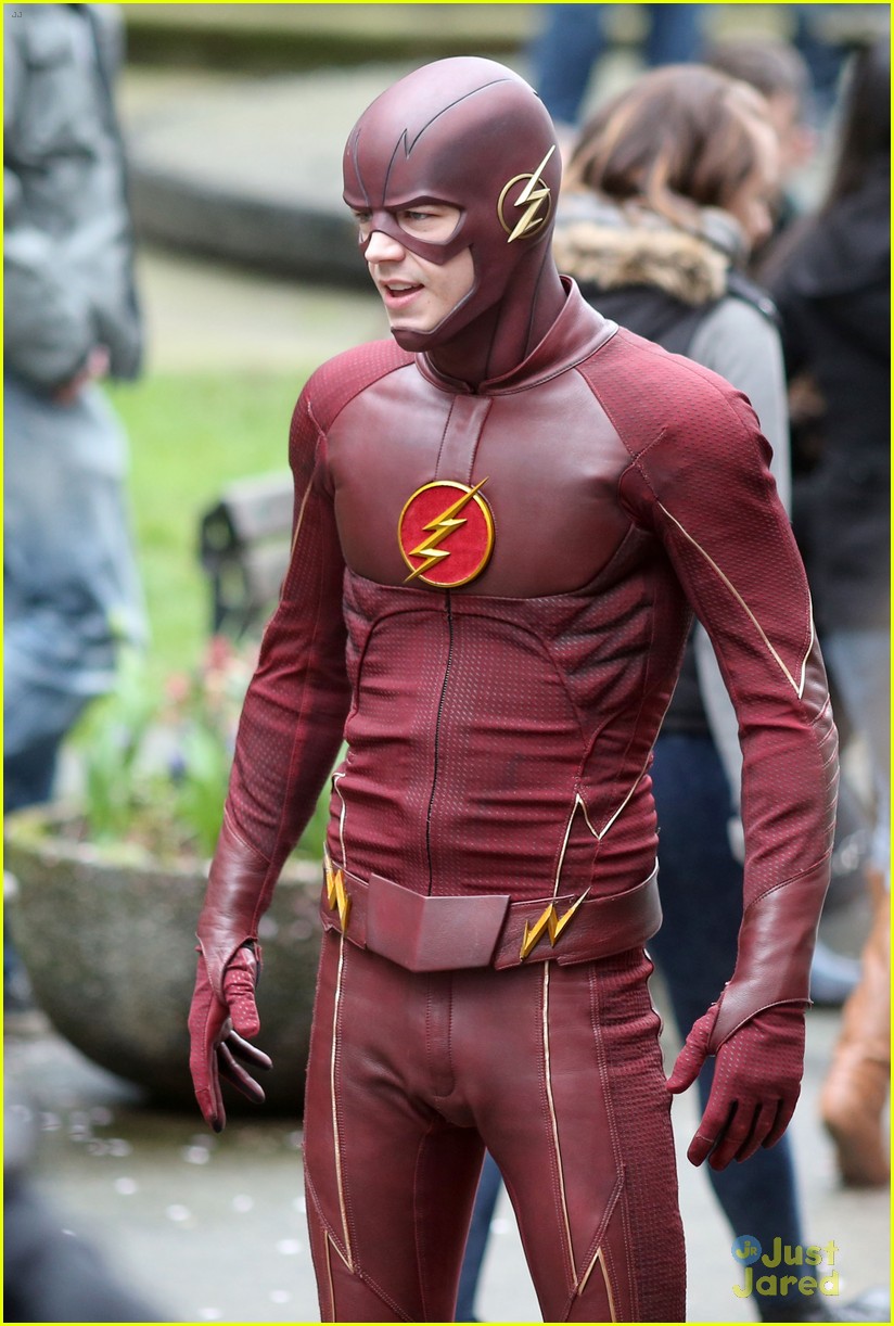 grant gustin gives out bunny ears on the flash set 14