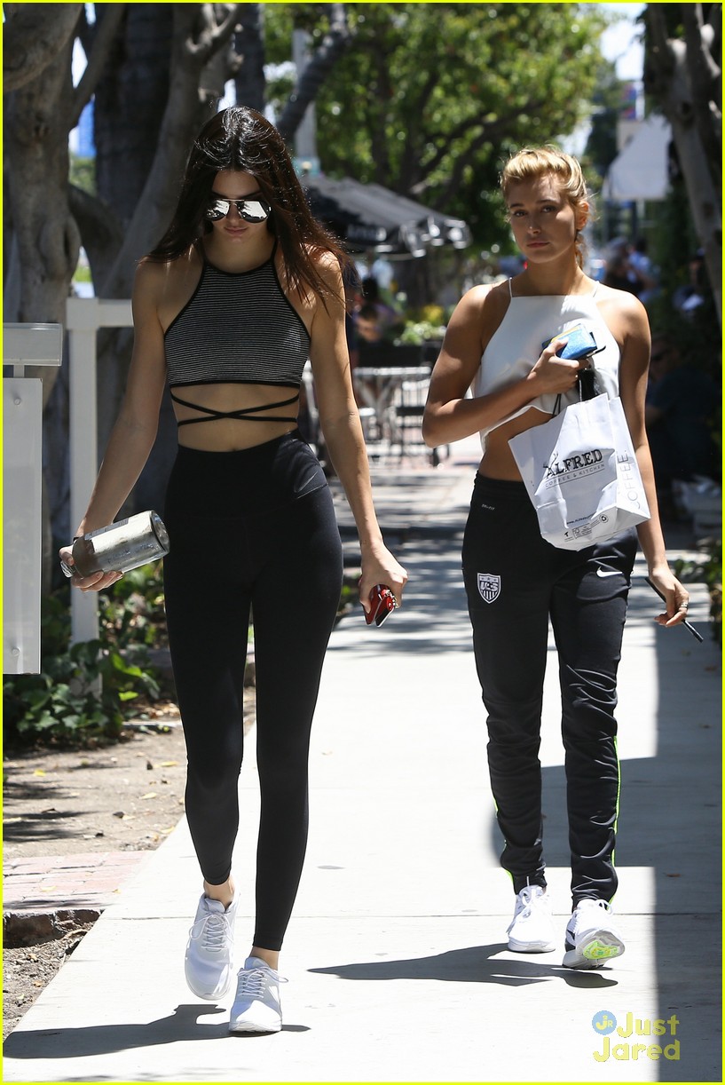 Kendall Jenner Models Mesh Leggings & Sports Bra With Hailey Baldwin