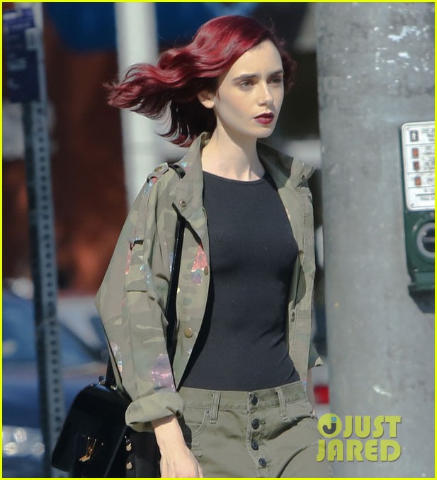 lily collins matches her red lipstick to her new red hair 02