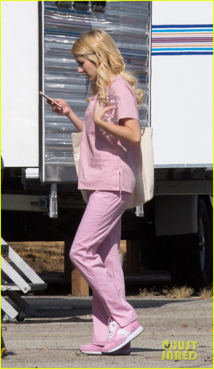 emma roberts pink scrubs queens coffee pickup 11