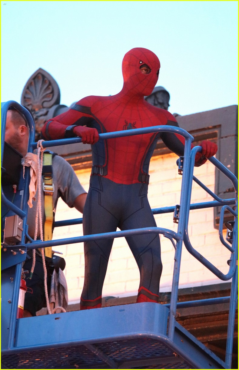 tom holland suits up on the set of spider man homecoming 08