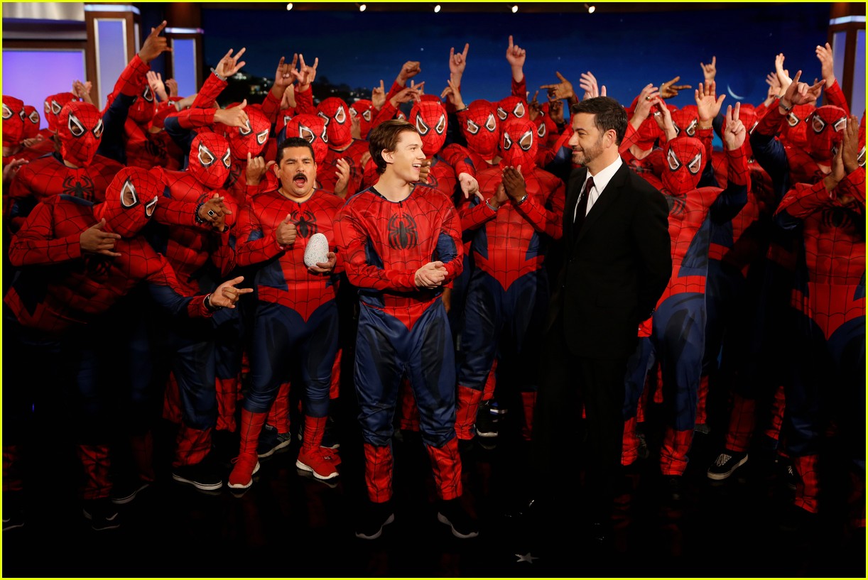 tom holland suits up with spider man homecoming fans on jimmy kimmel live 06
