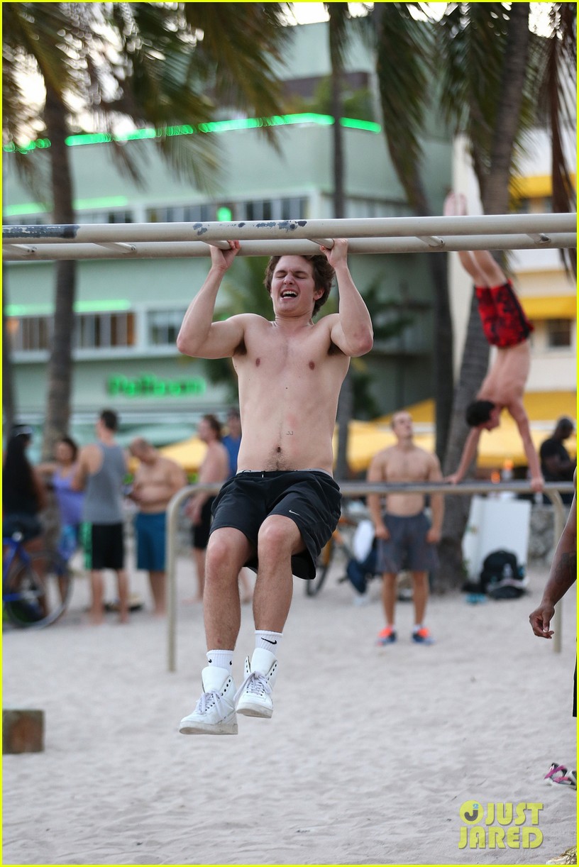 ansel elgort goes shirtless for a workout at the beach 07