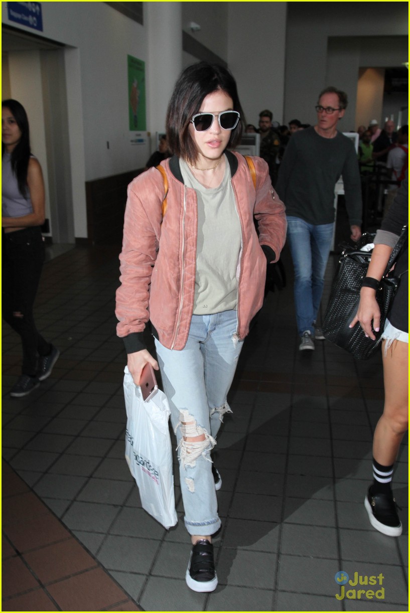lucy hale pink bomber jacket lax 02