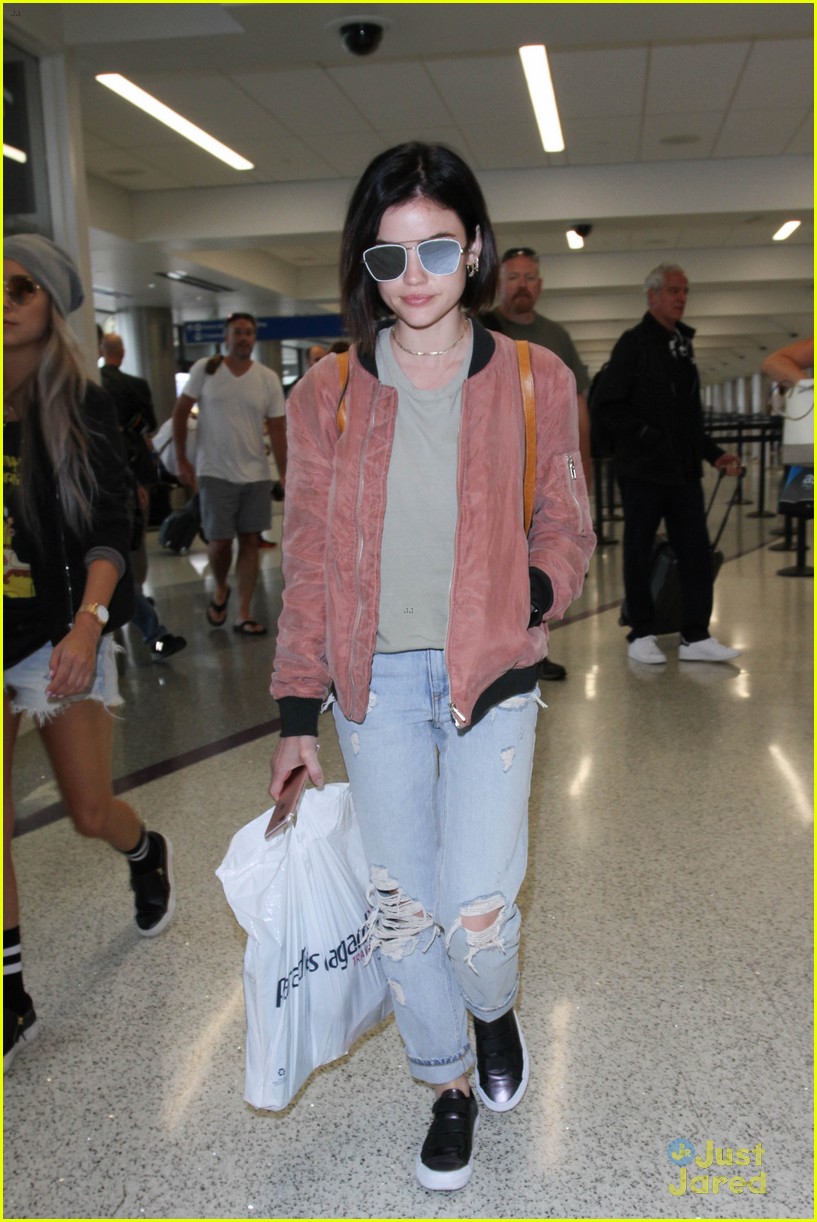 lucy hale pink bomber jacket lax 04