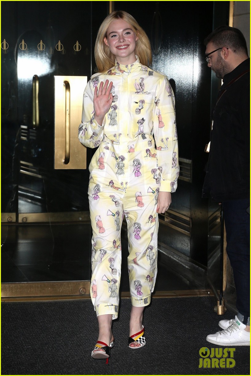 elle fanning sports pajama inspired outfit while promoting leap 06