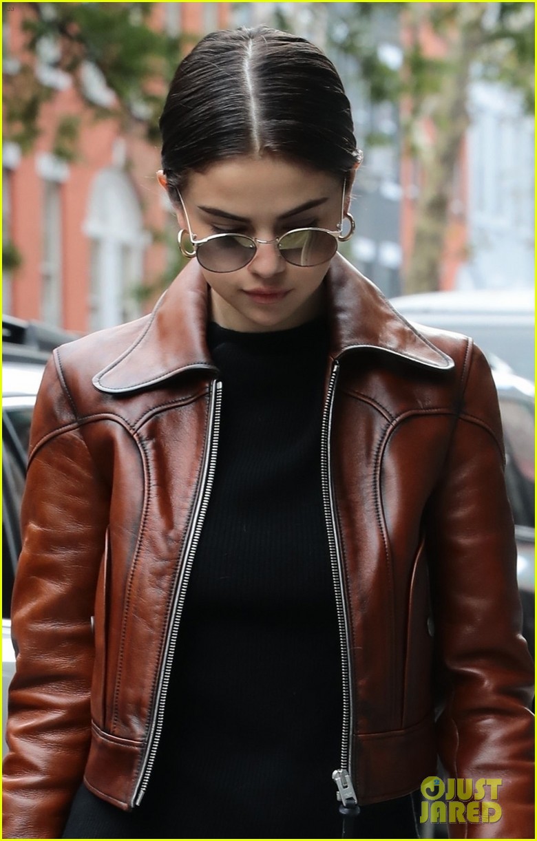 selena gomezs brown leather jacket is a fall essential 01