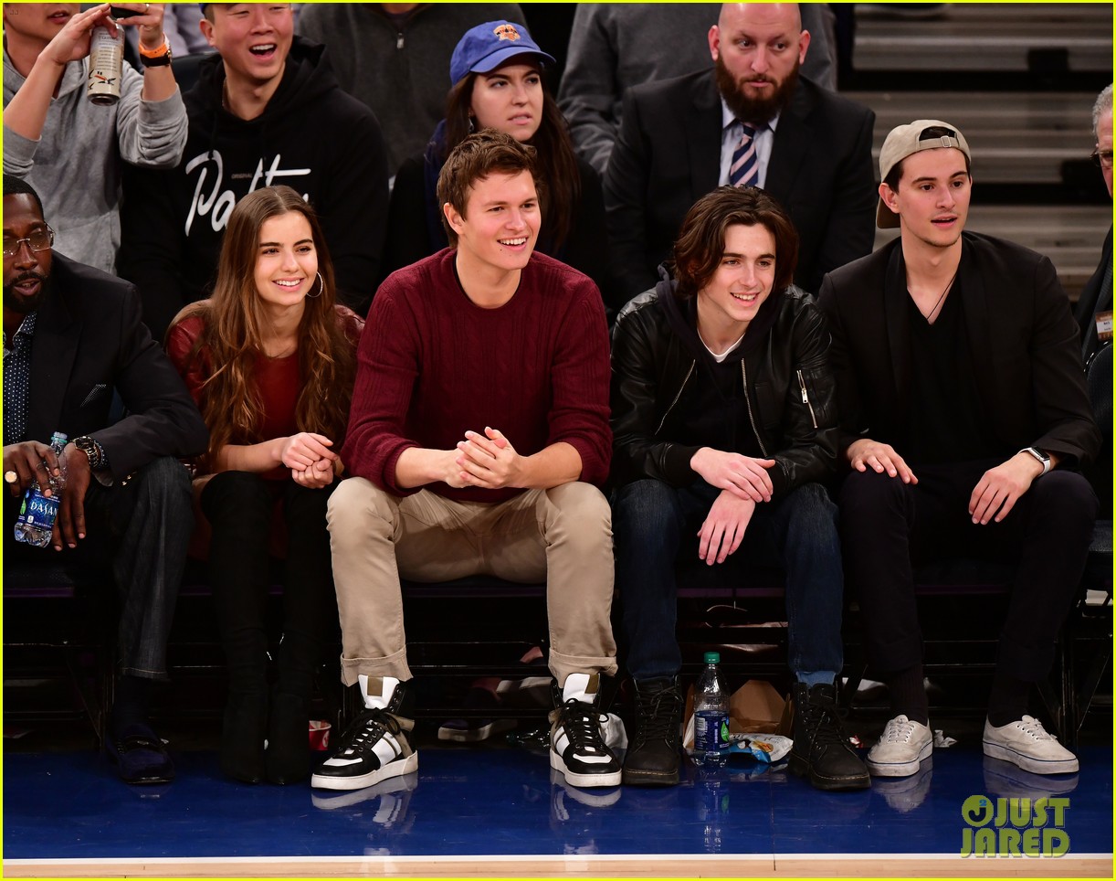 ansel elgort attends basketball game with girlfriend violetta komyshan and timothee chalamet 02