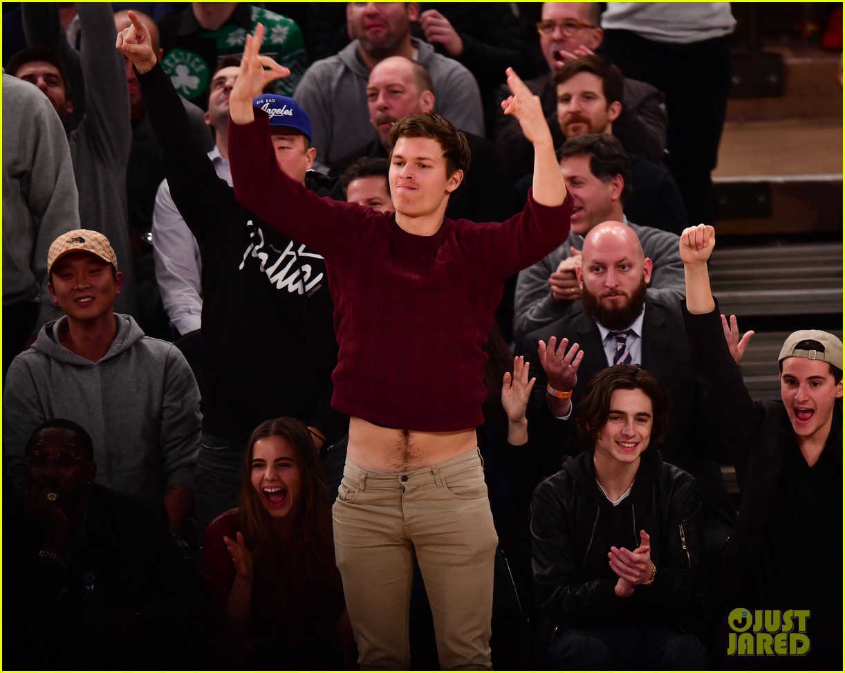 ansel elgort attends basketball game with girlfriend violetta komyshan and timothee chalamet 03