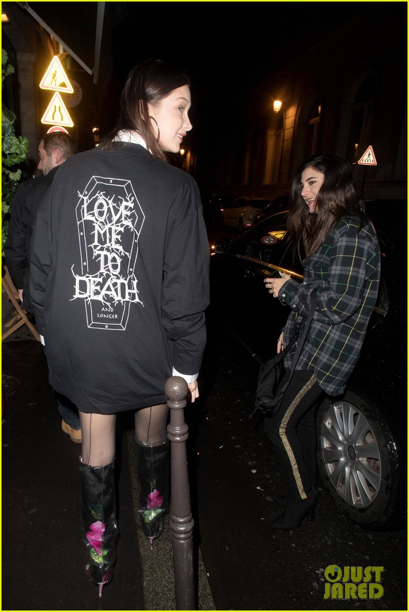 bella hadid sports little black dress and floral boots for night out in paris2 03