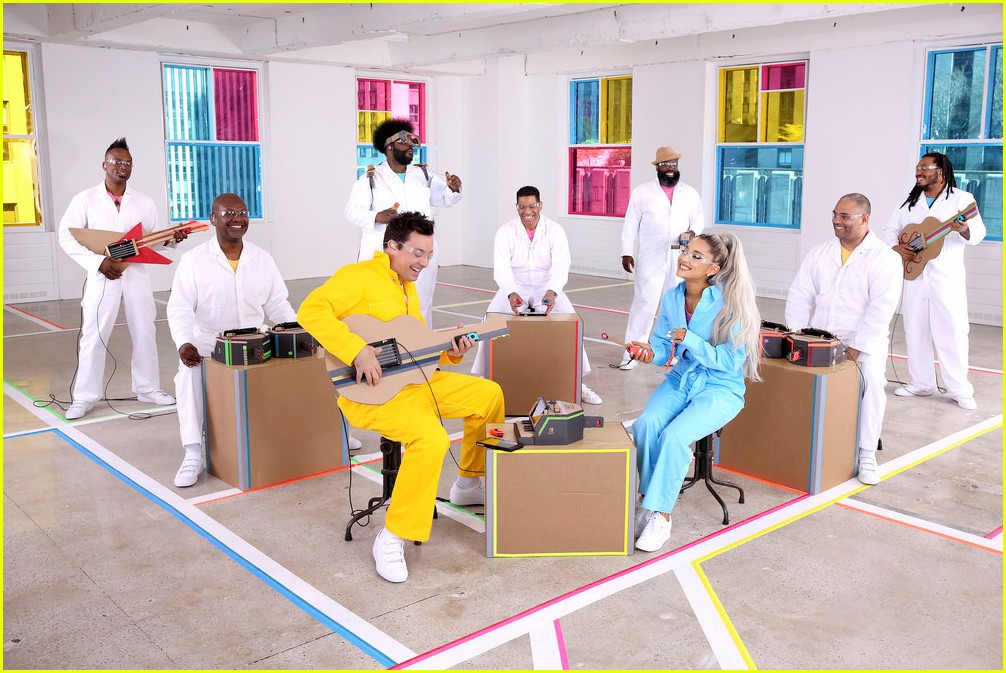 ariana grande and jimmy fallon perform no tears left to cry with cardboard instruments 01