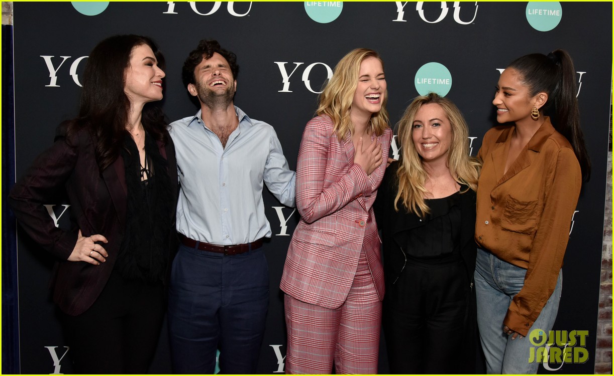 penn badgley elizabeth lail and shay mitchell look stylish at you series premiere 16