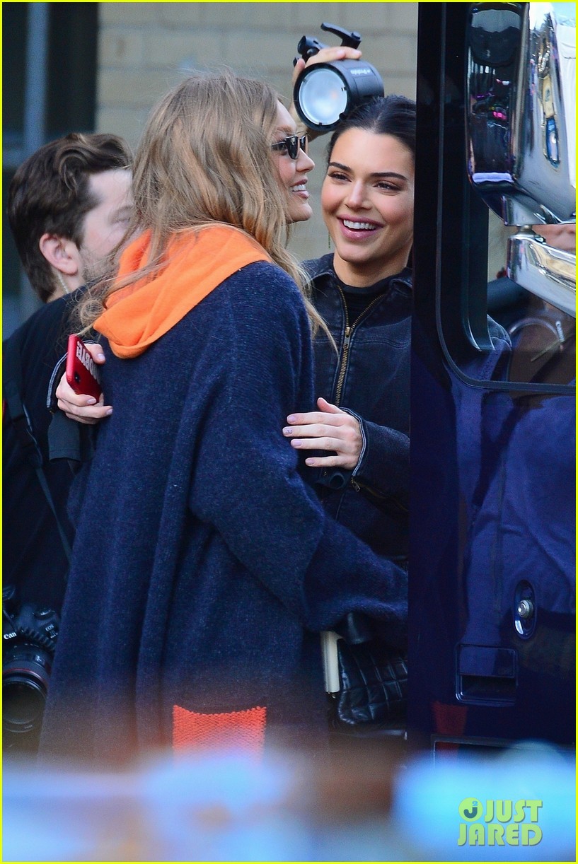 gigi hadid and kendall jenner share a hug outside of victorias secret fashion show rehearsals 01