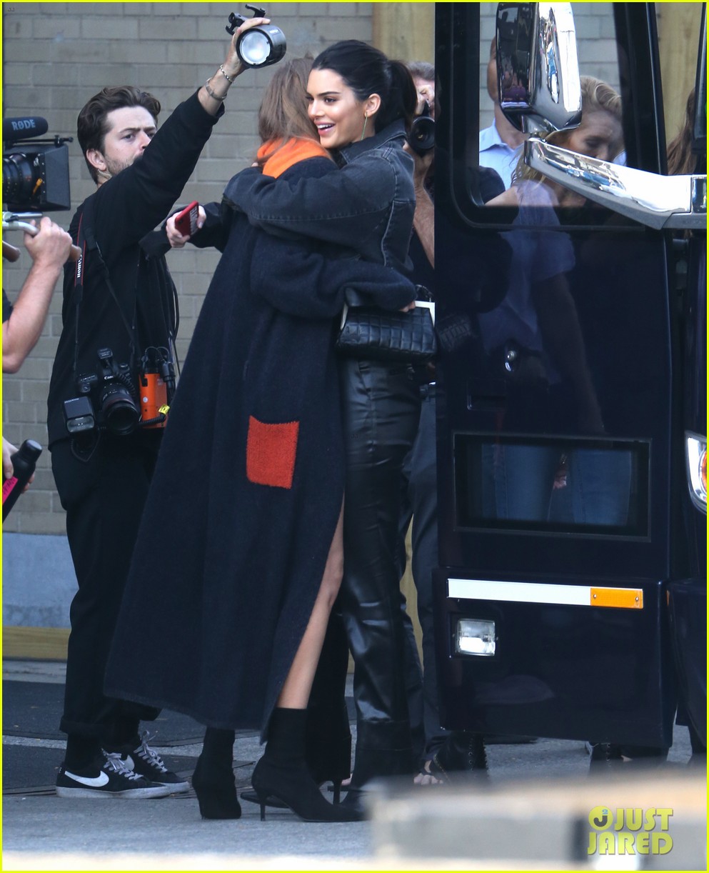 gigi hadid and kendall jenner share a hug outside of victorias secret fashion show rehearsals 03