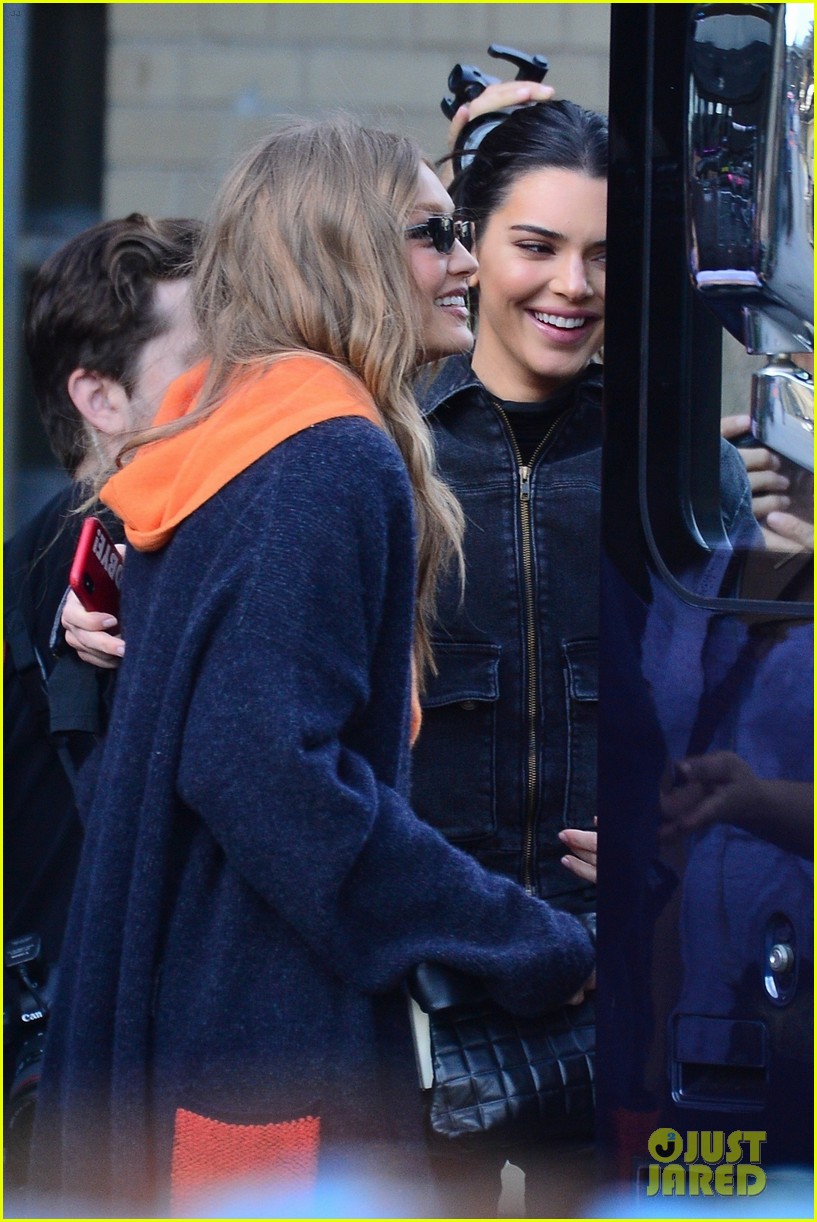 gigi hadid and kendall jenner share a hug outside of victorias secret fashion show rehearsals 05