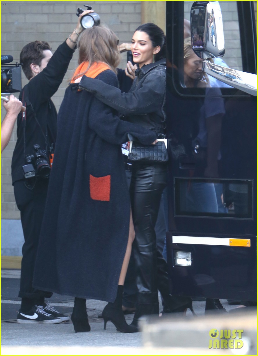 gigi hadid and kendall jenner share a hug outside of victorias secret fashion show rehearsals 06