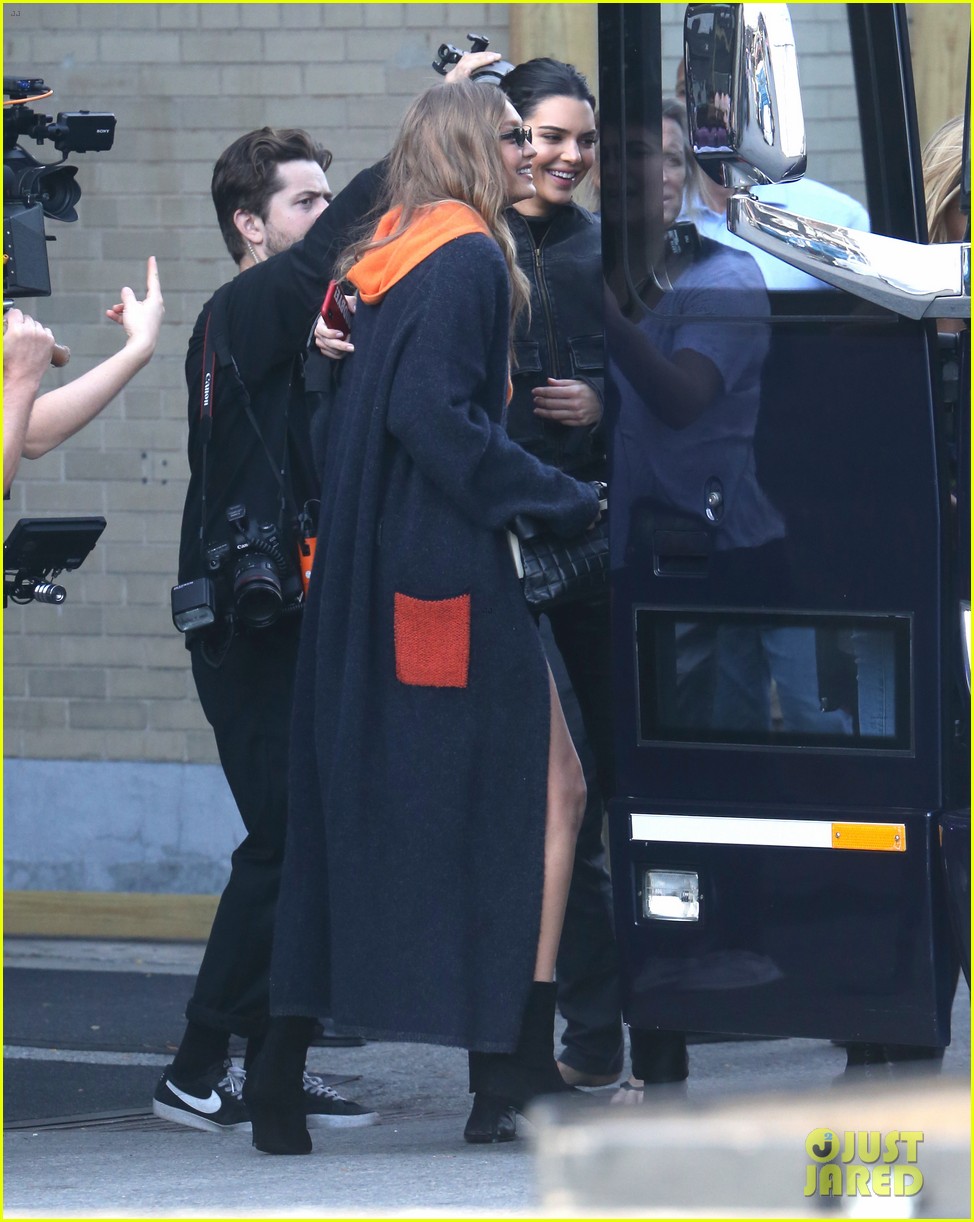 gigi hadid and kendall jenner share a hug outside of victorias secret fashion show rehearsals 09