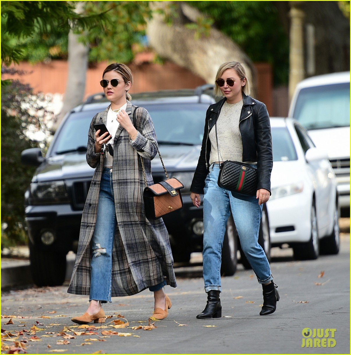 lucy hale looks chic in long checked coat while out to lunch 01