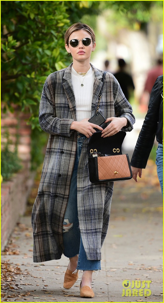 lucy hale looks chic in long checked coat while out to lunch 06
