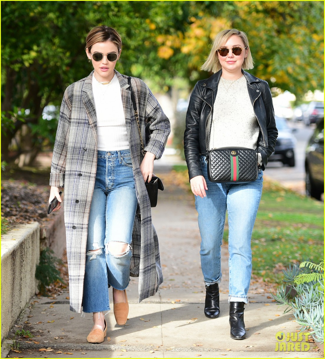 lucy hale looks chic in long checked coat while out to lunch 17