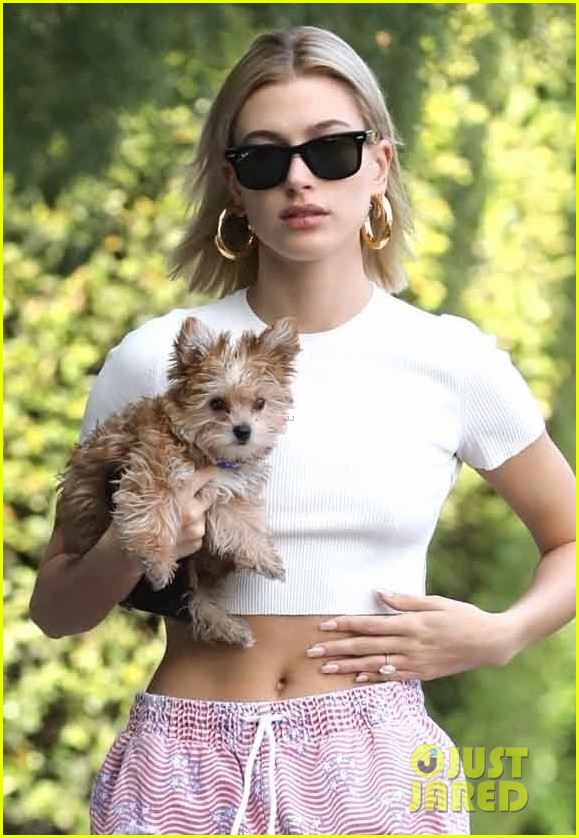 hailey bieber flashes her midriff while stepping out with puppy oscar 01