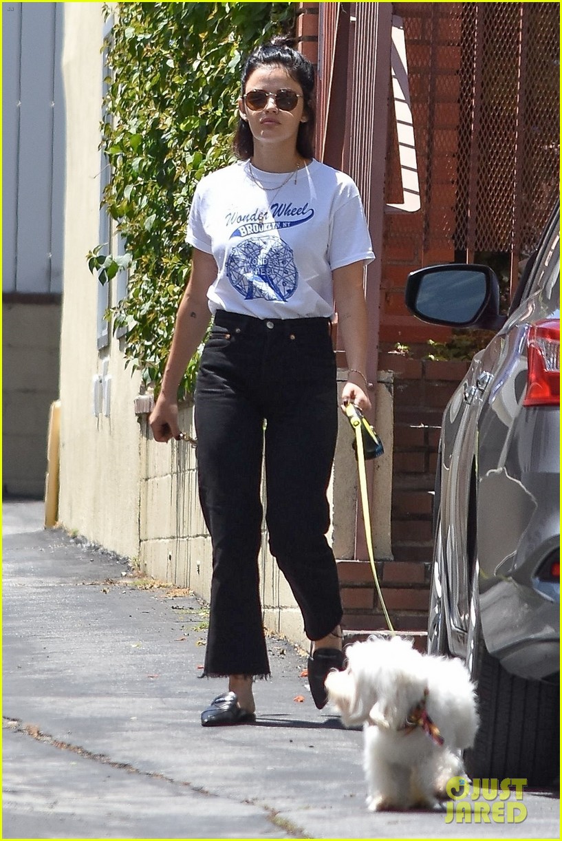 lucy hale takes pup elvis for a walk 04