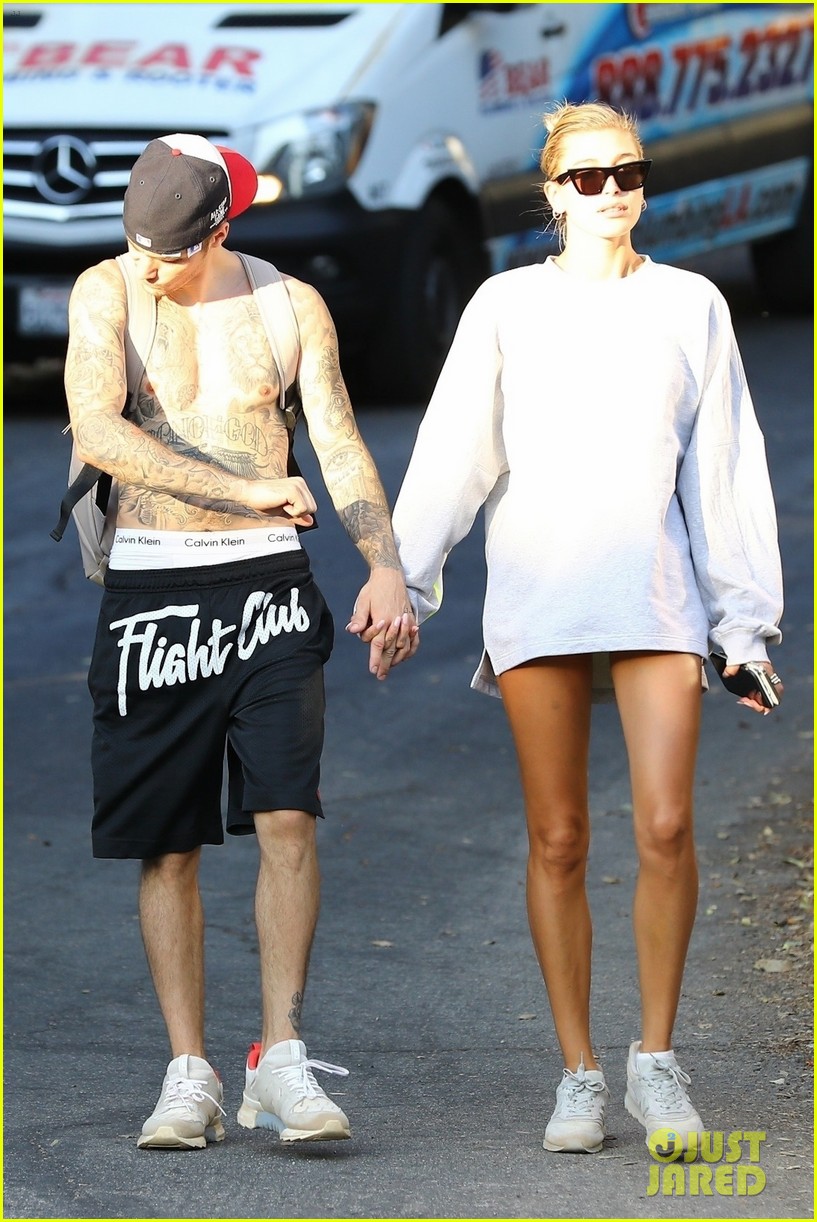 justin bieber shows off tattoos on shirtless hike with hailey 22