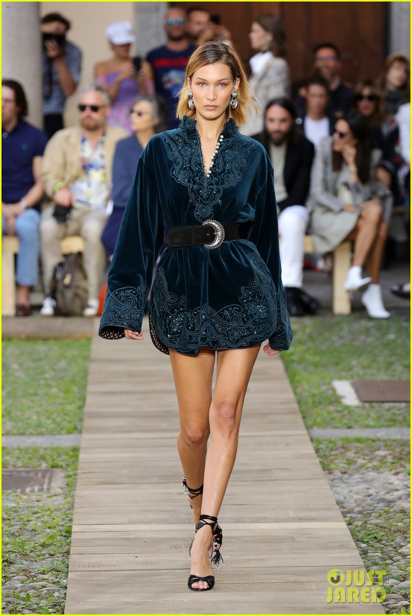 bella hadid dons velvet mini dress at etros milan fashion week show 14