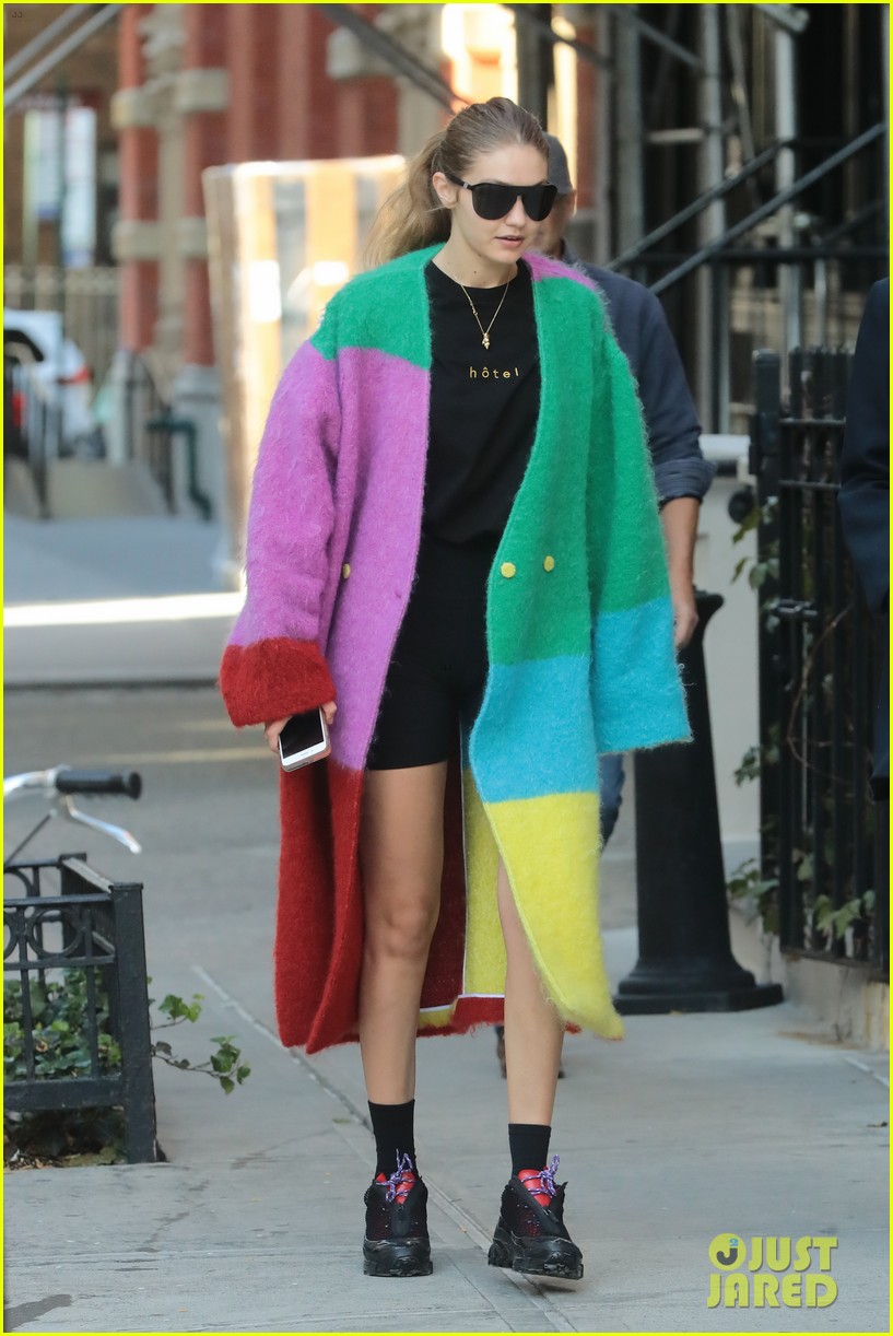 gigi hadid stays warm in fuzzy rainbow coat while out in nyc 01