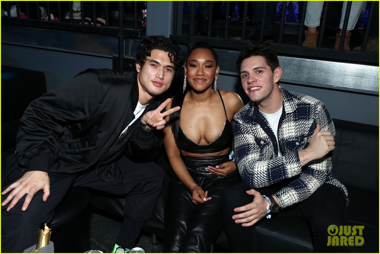 charles melton casey cott meet up with another cw star at super bowl party 05