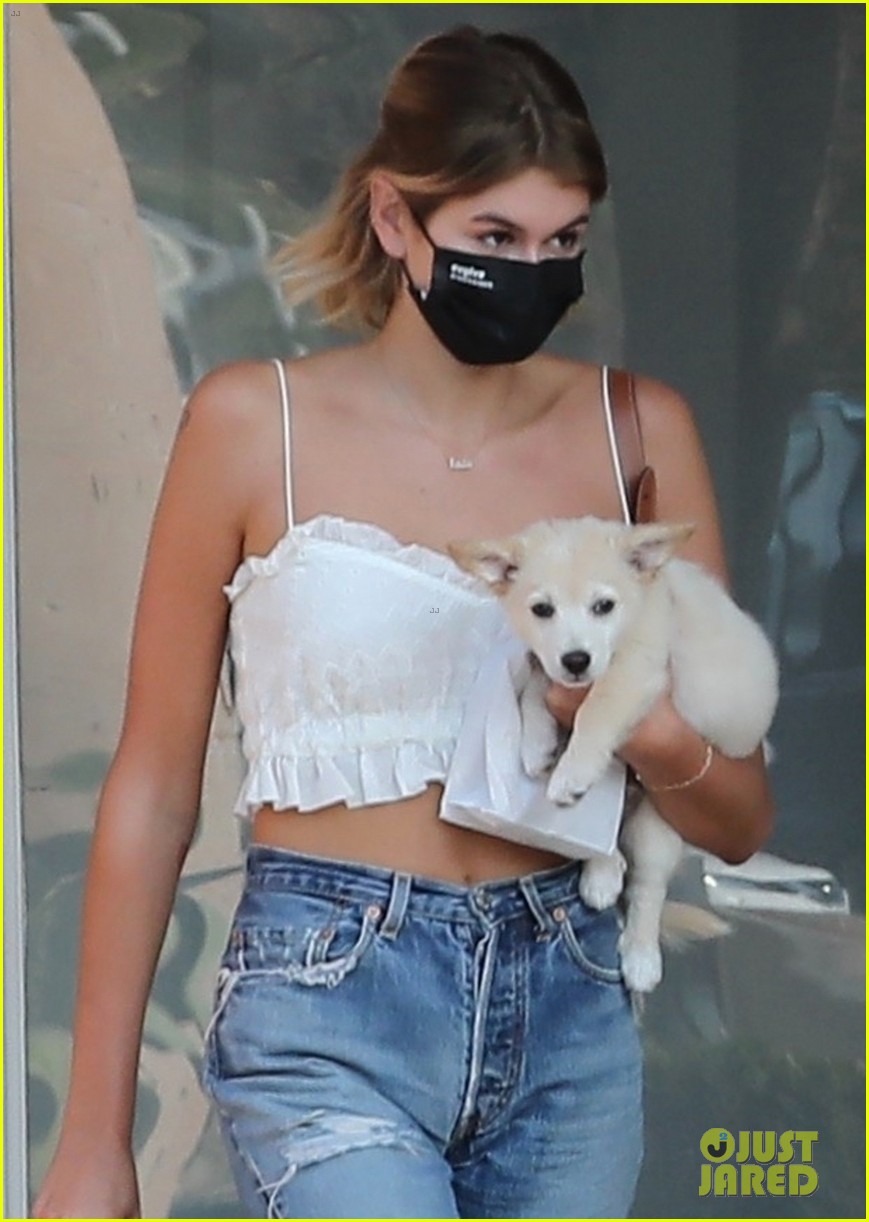 kaia gerber pet store with puppy milo 02