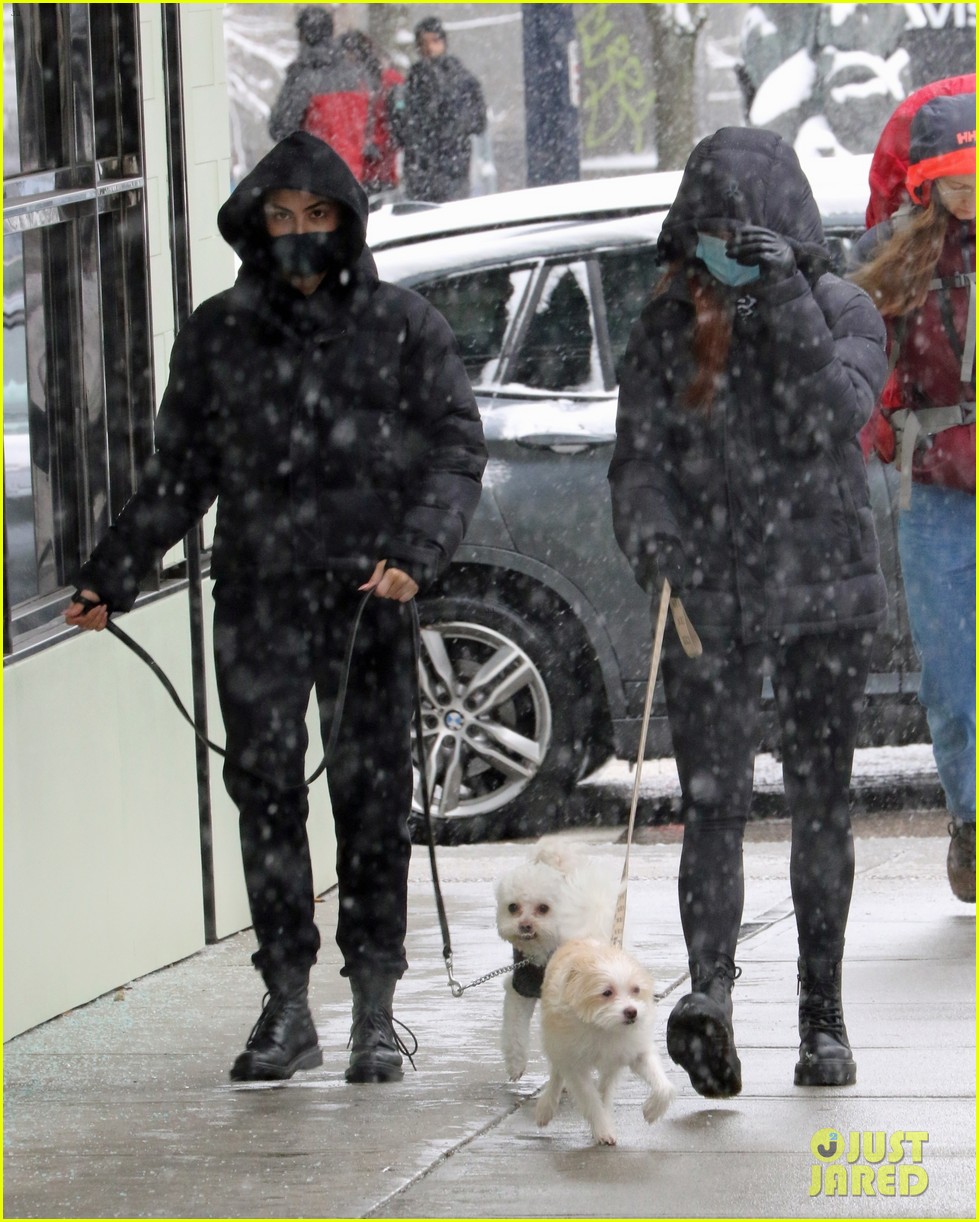 camila mendes madelaine petsch walk their dogs in the snow 01