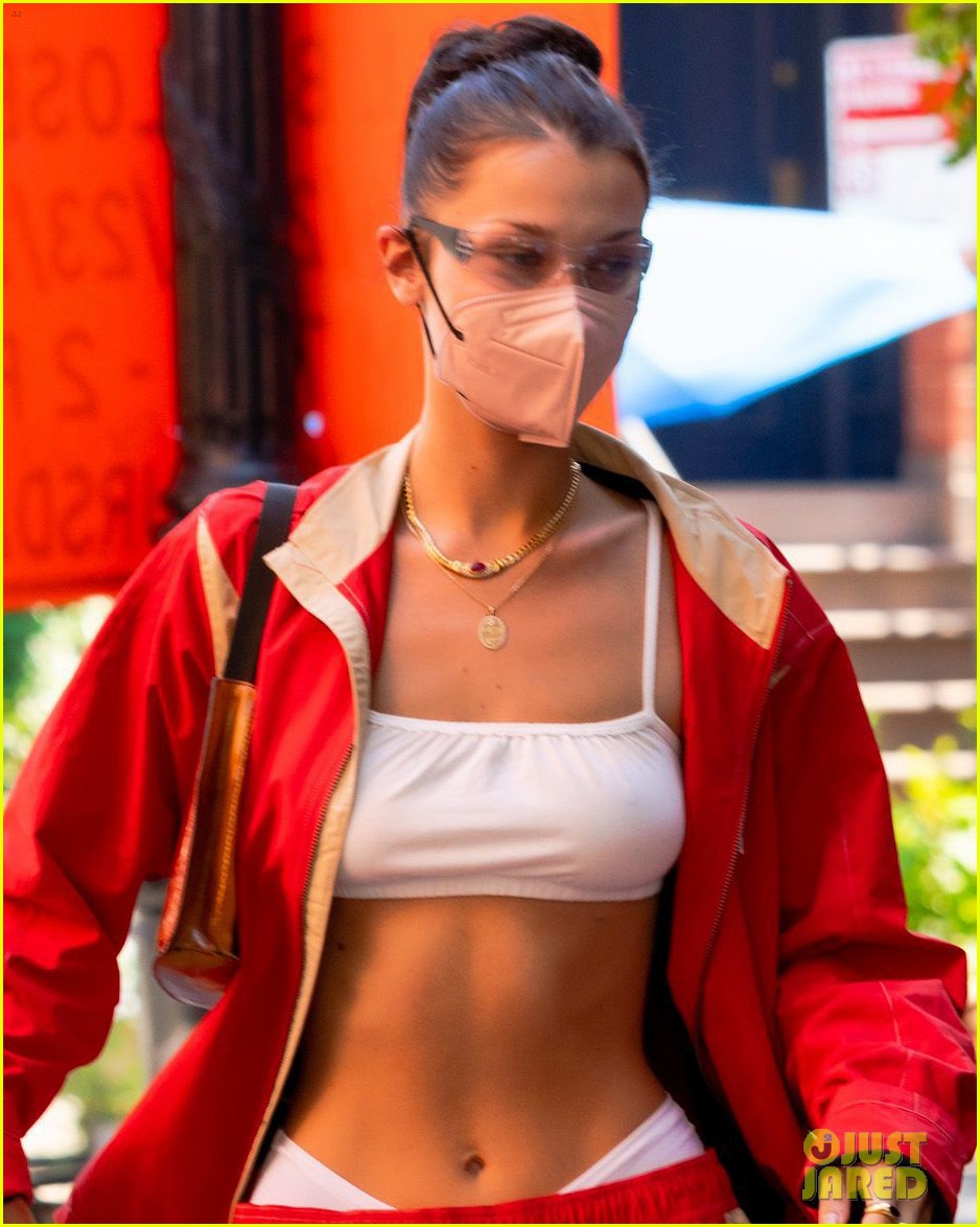 bella hadid rocks red tracksuit out in nyc 02