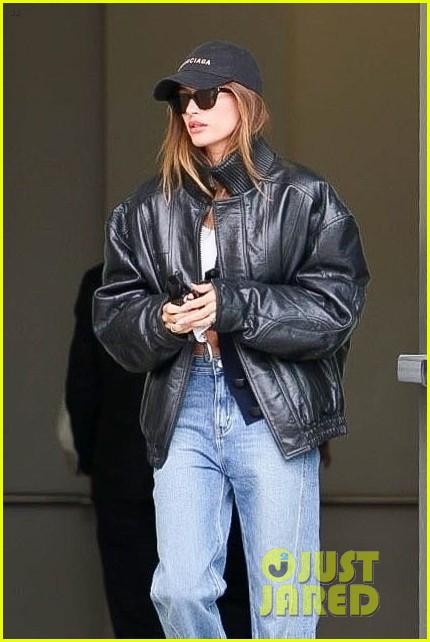 hailey bieber looks cool in leather jacket shopping beverly hills 06