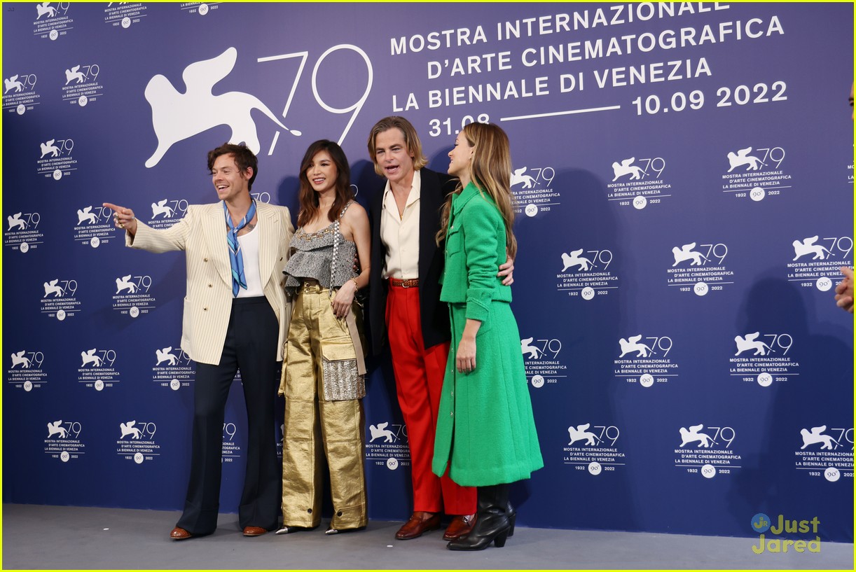 harry styles joins dont worry darling costars at venice film festival photo call 14