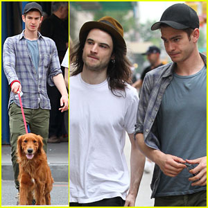 Andrew Garfield Walks His Dog with Tom Sturridge