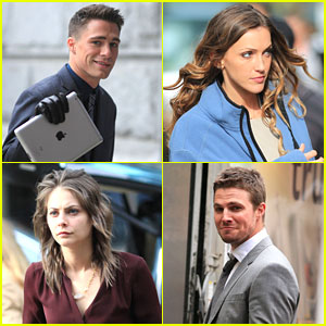 Colton Haynes & Willa Holland: 'Arrow' Set with Katie Cassidy & Stephen Amell