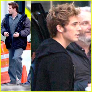 Liam Hemsworth & Sam Claflin Arrive At 'The Hunger Games: Mockingjay - Part 1' Set