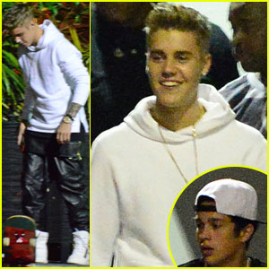 Justin Bieber Shows Off Skateboarding Skills & New Neck Tattoo After Late-Night Studio Session with Austin Mahone