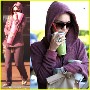 Vanessa Hudgens Goes Green After Purple-Hooded Yoga Class
