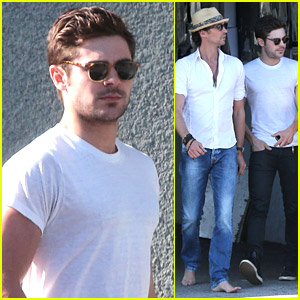 Zac Efron Wears Tight White Tee While Out With Barefoot Friend
