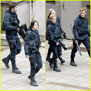 Jennifer Lawrence, Josh Hutcherson, & Sam Claflin Are Ready For Combat on 'Mockingjay Part 2' Set