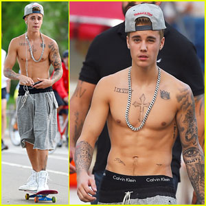 Justin Bieber Does Some Shirtless Skateboarding in Central Park with Usher!