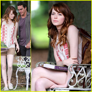 Emma Stone Chats Up Joaquin Phoenix During Park Scene for Woody Allen Film