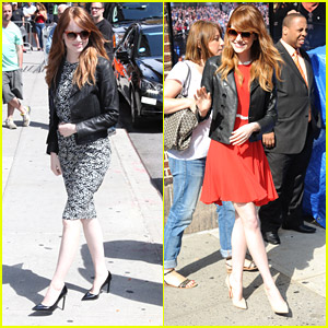 Emma Stone Rocks Her Red-Rimmed Sunglasses at 'Letterman'