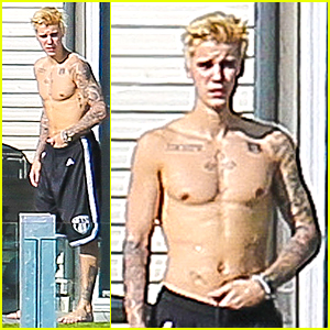 Justin Bieber Shows Off Shirtless Body at Rented Beverly Hills Mansion