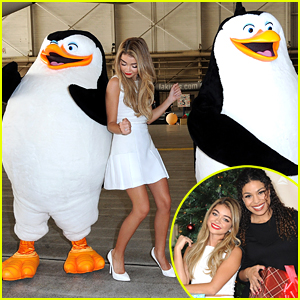 Sarah Hyland Dances With The Penguins Of Madagascar at Delta's Holiday In The Hangar